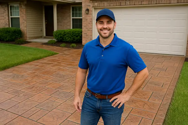 a concrete contractor smiling at the camera with stamped concrete behind him from Quality Concrete Contractor Georgetown in Austin, TX - Austin TX a concrete contractor smiling at the camera with stamped concrete behind him from Quality Concrete Contractor Georgetown in Austin, TX - Austin TX