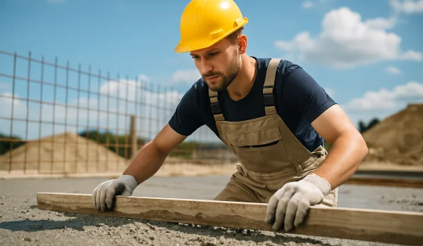 a male concrete worker spreading fresh cement on rebared ground from Quality Concrete Contractor Georgetown in Georgetown Tx, 78628 - Concrete parking lot building