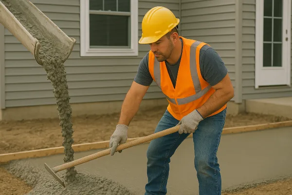 a man spreading the cement that a truck is pouring on the ground from Quality Concrete Contractor Georgetown in Georgetown Tx, 78628 - Concrete repairs a man spreading the cement that a truck is pouring on the ground from Quality Concrete Contractor Georgetown in Georgetown Tx, 78628 - Concrete repairs