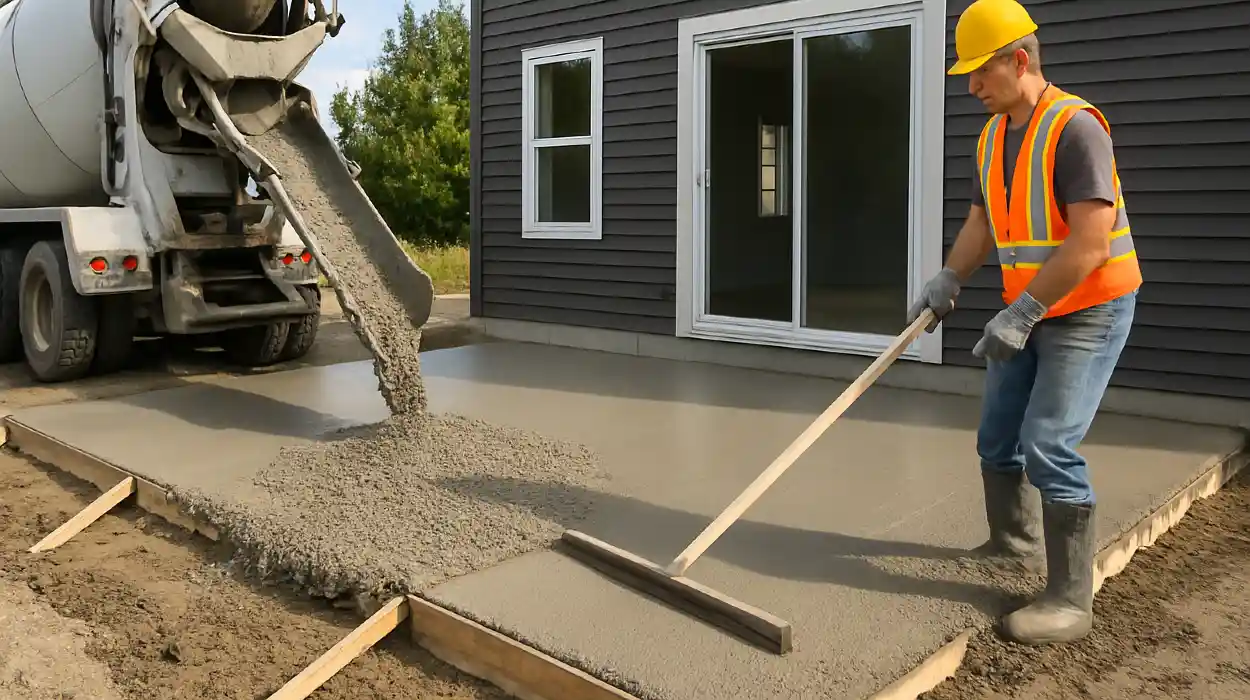 a man spreading the cement a truck is pouring to build a patio from Quality Concrete Contractor Georgetown in Georgetown Tx, 78628 - Driveway installation