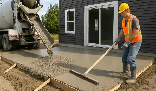 a man spreading the cement a truck is pouring to build a patio from Quality Concrete Contractor Georgetown in Florence, TX - Florence TX