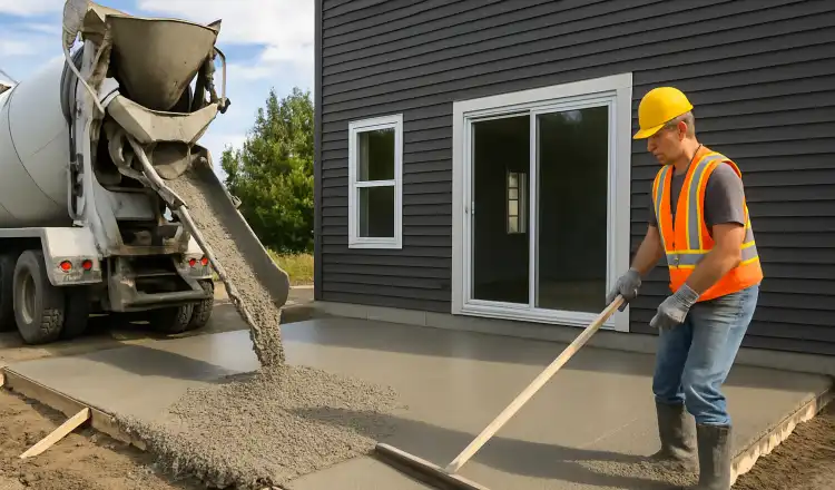 a man spreading the cement a truck is pouring to build a patio from Quality Concrete Contractor Georgetown in Florence, TX - Florence TX