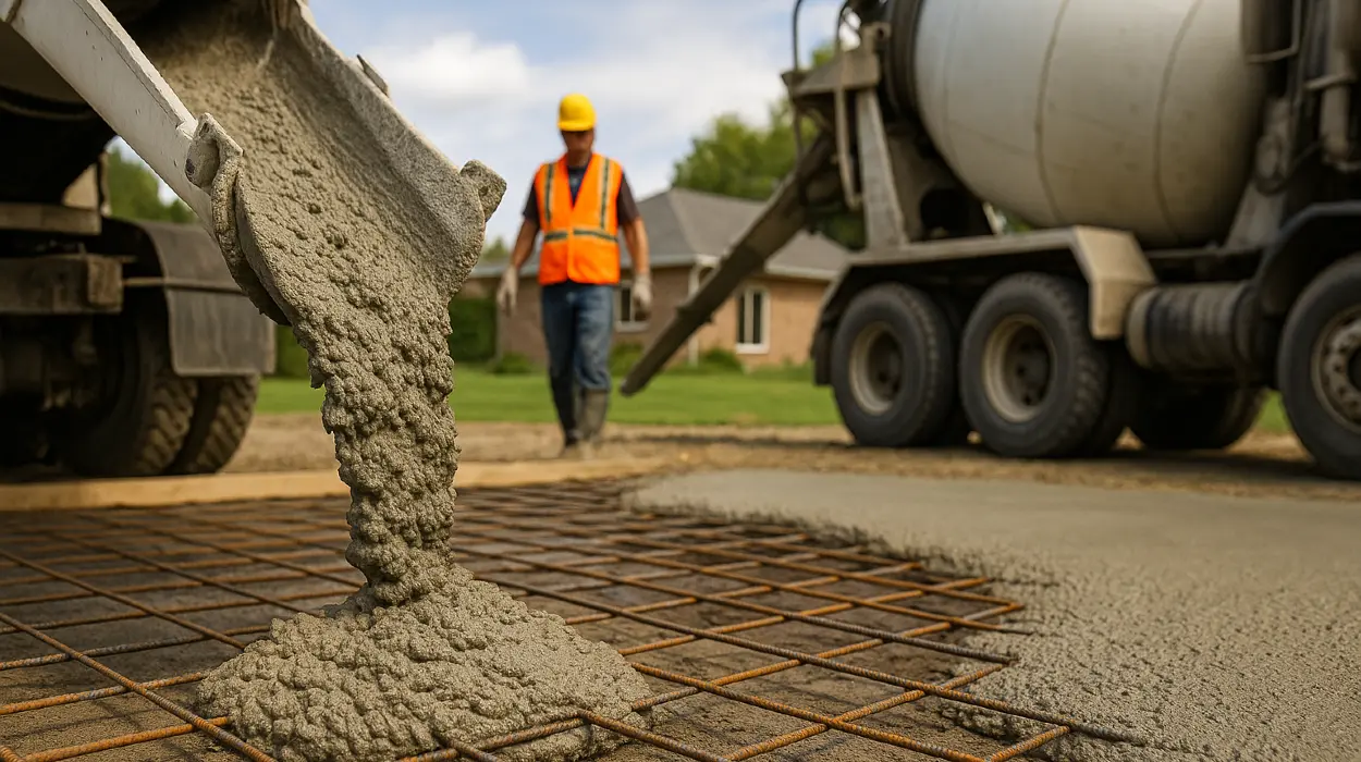 Cement truck pouring cement on a rebared ground from Quality Concrete Contractor Georgetown in Georgetown Tx, 78628 - Foundation installation