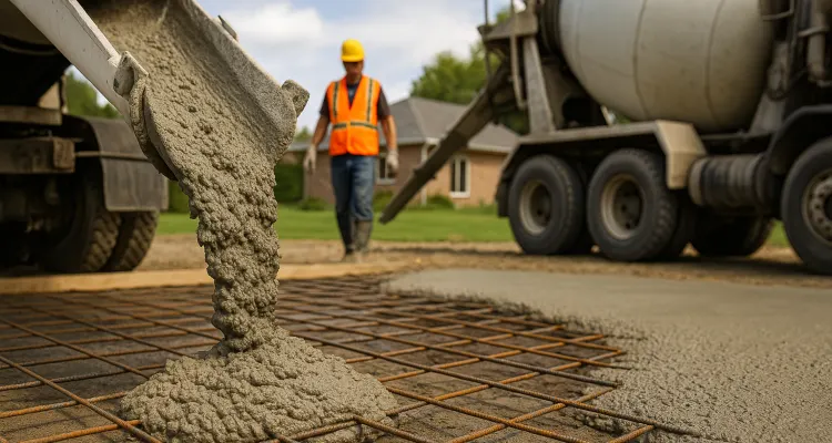 Cement truck pouring cement on a rebared ground from Quality Concrete Contractor Georgetown in Georgetown Tx, 78628 - Foundation installation