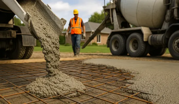 Cement truck pouring cement on a rebared ground from Quality Concrete Contractor Georgetown in Leander, TX - Leander TX
