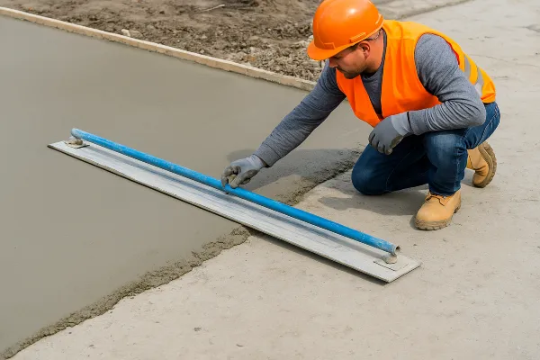 a male worker smoothing a fresh concrete slab from Quality Concrete Contractor Georgetown in Round Rock, TX - Round Rock TX