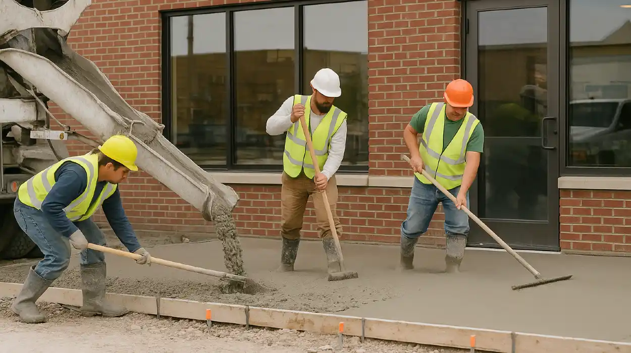 3 concrete contractors spreading concrete on the ground for a sidewalk from Quality Concrete Contractor Georgetown in Georgetown Tx, 78628 - Stamped concrete services