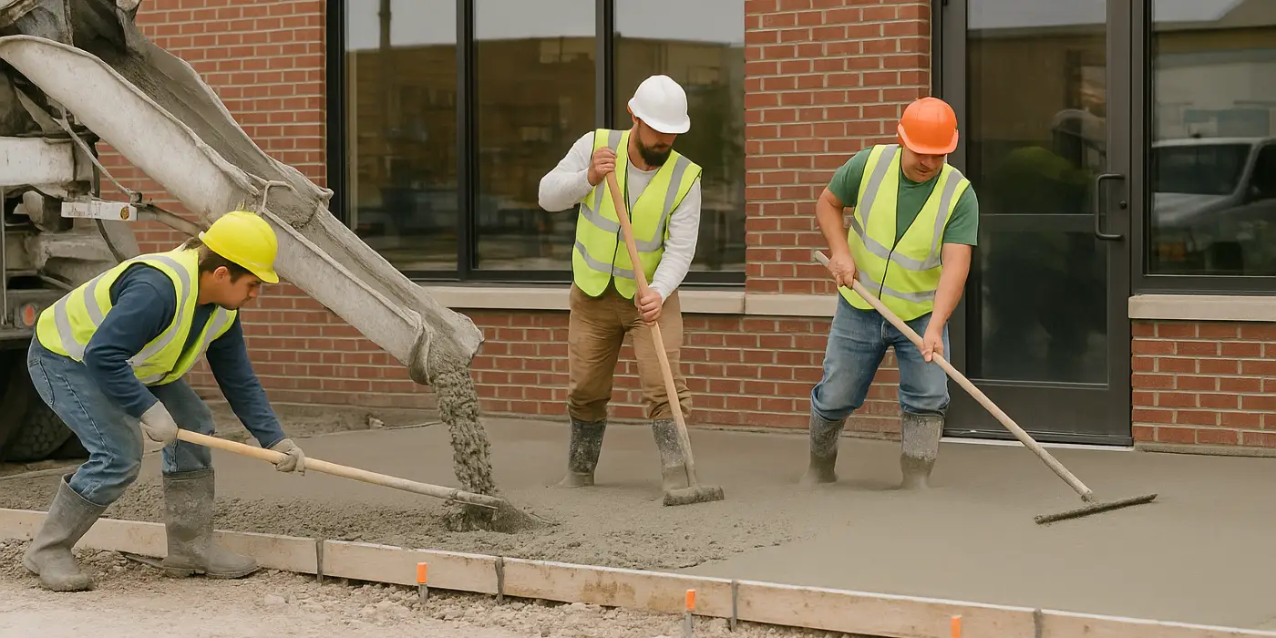 3 concrete contractors spreading concrete on the ground for a sidewalk from Quality Concrete Contractor Georgetown in Georgetown Tx, 78628 - Stamped concrete services